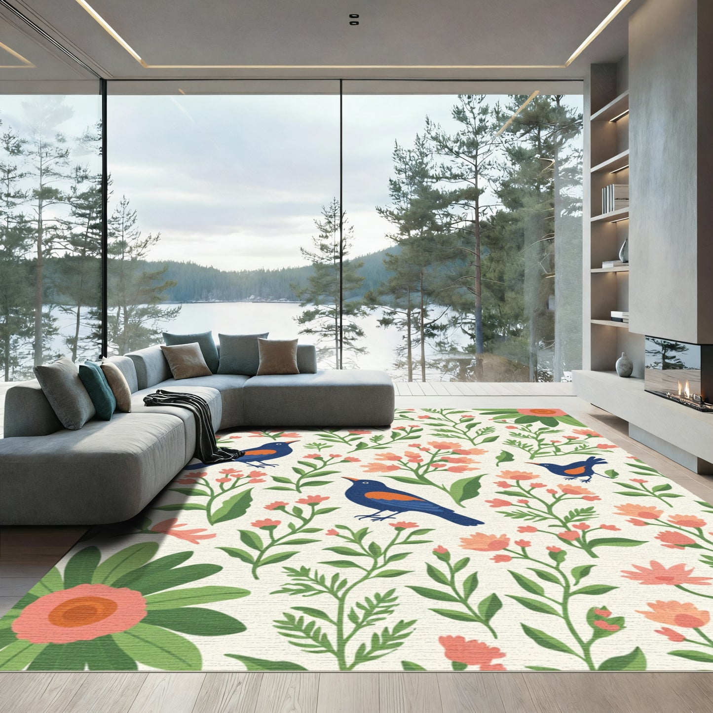 Blue Birds Amongst Coral Florals Rug