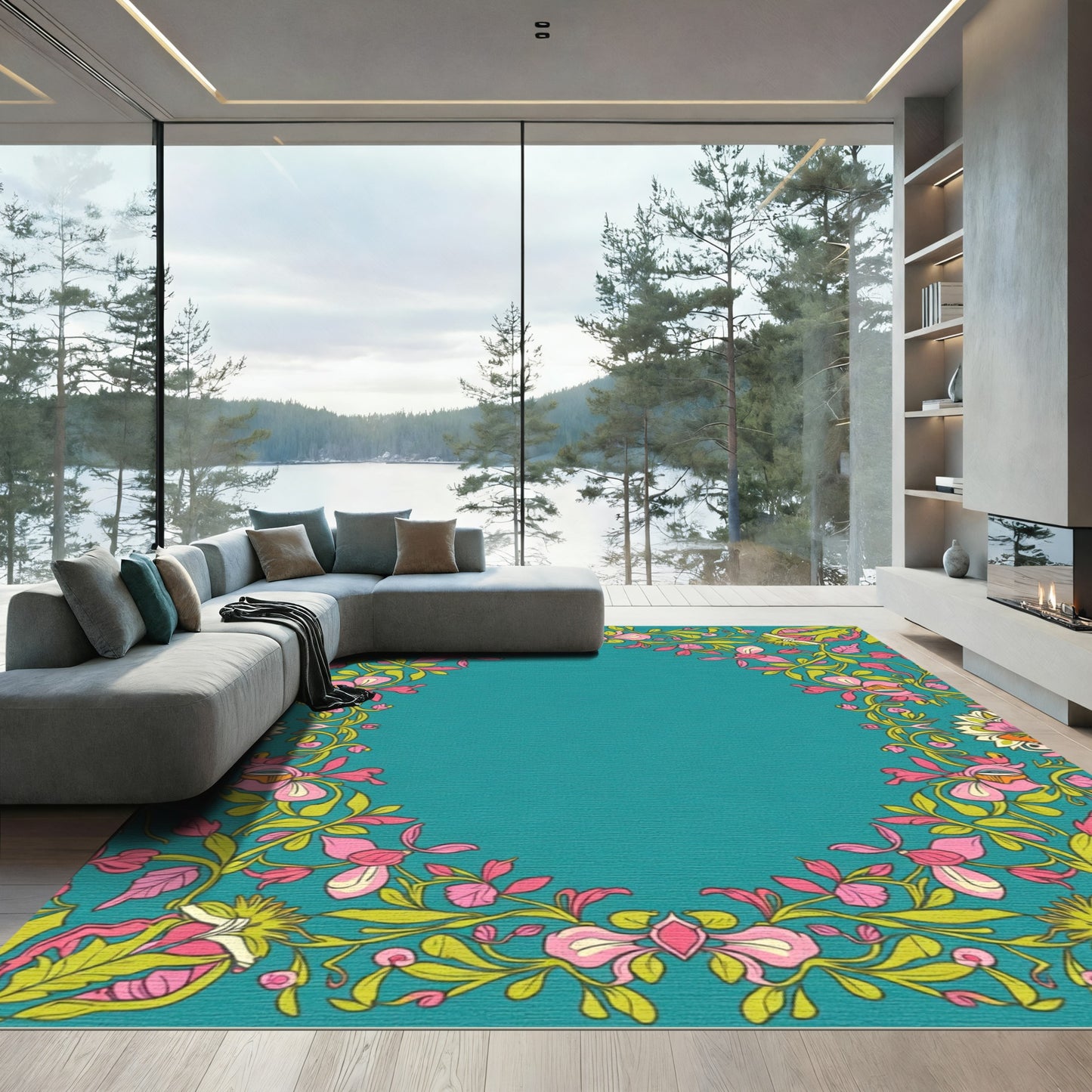 Vibrant Teal Floral Garland Rug
