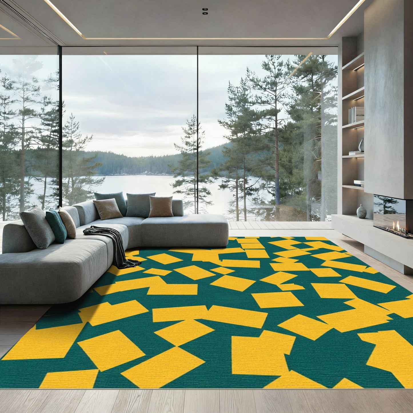 Yellow Geometric Fragments Teal Background Rug
