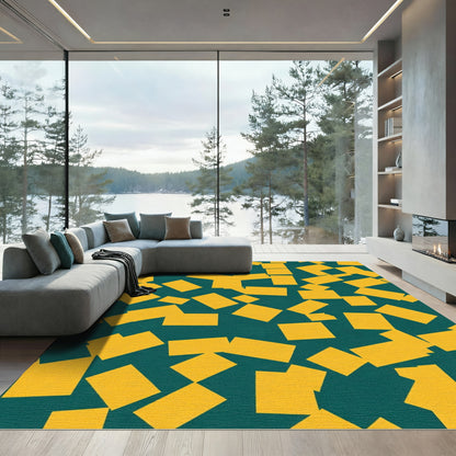 Yellow Geometric Fragments Teal Background Rug