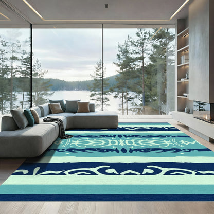 Deep Navy Teal Abstract Botanical Stripes Rug