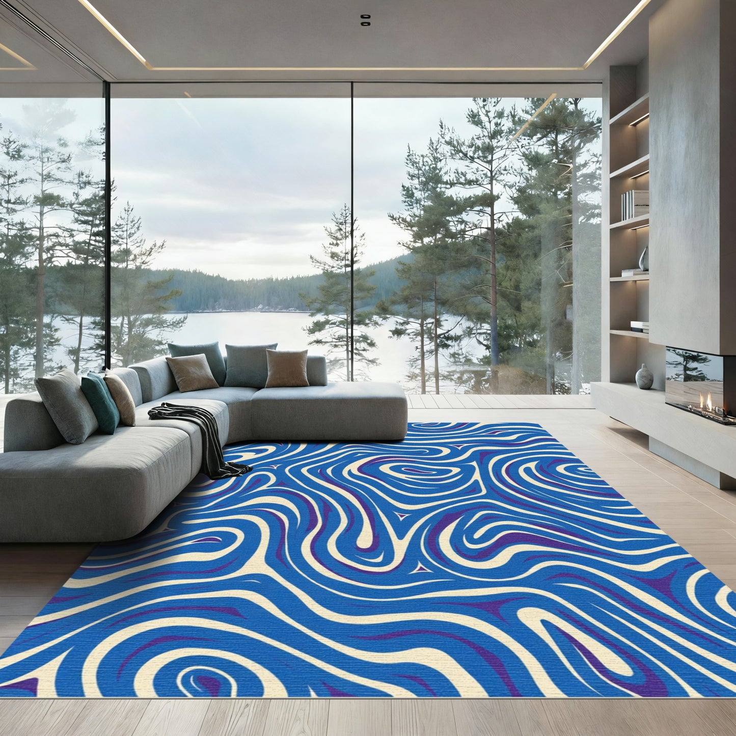 Bold Blue Swirling Wave Rug