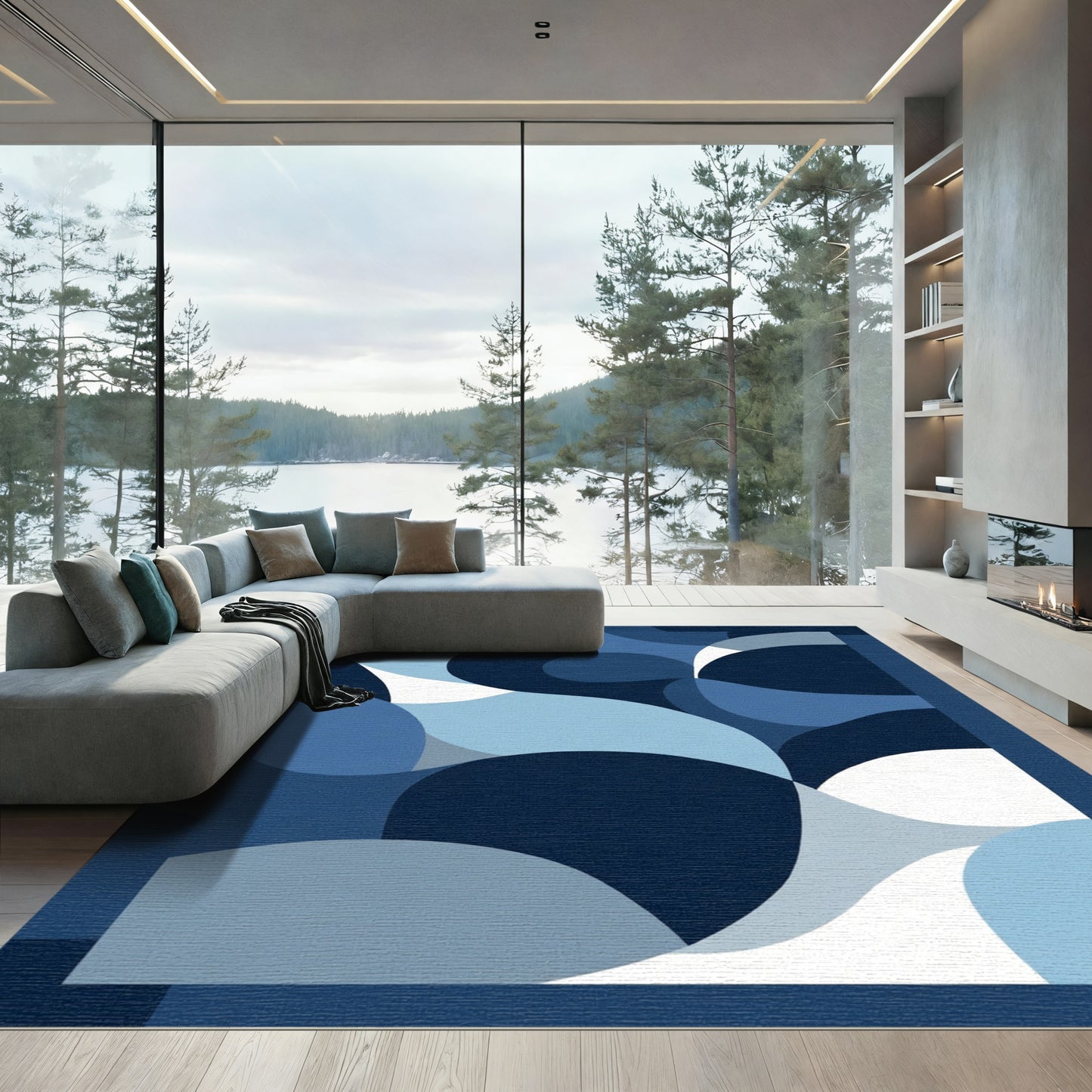 Abstract Blue Wave Curvatures Rug