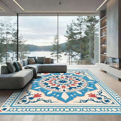 Navy Red Floral Medallion Cream Border Rug
