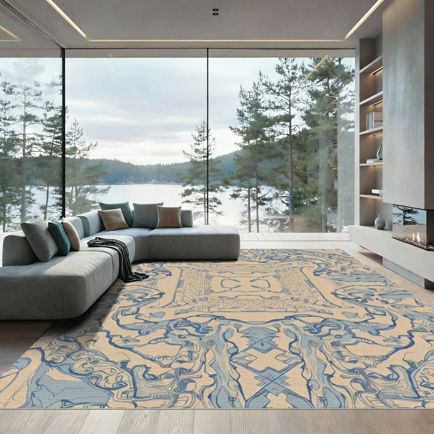 Abstract Blue Paisley Cream Symmetry Rug