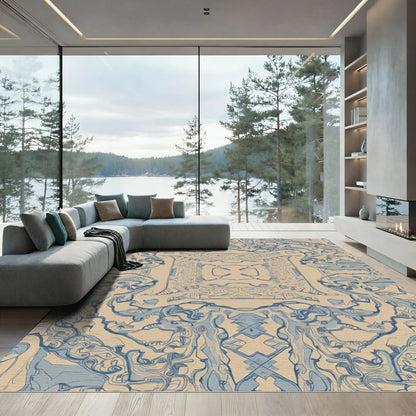 Abstract Blue Paisley Cream Symmetry Rug