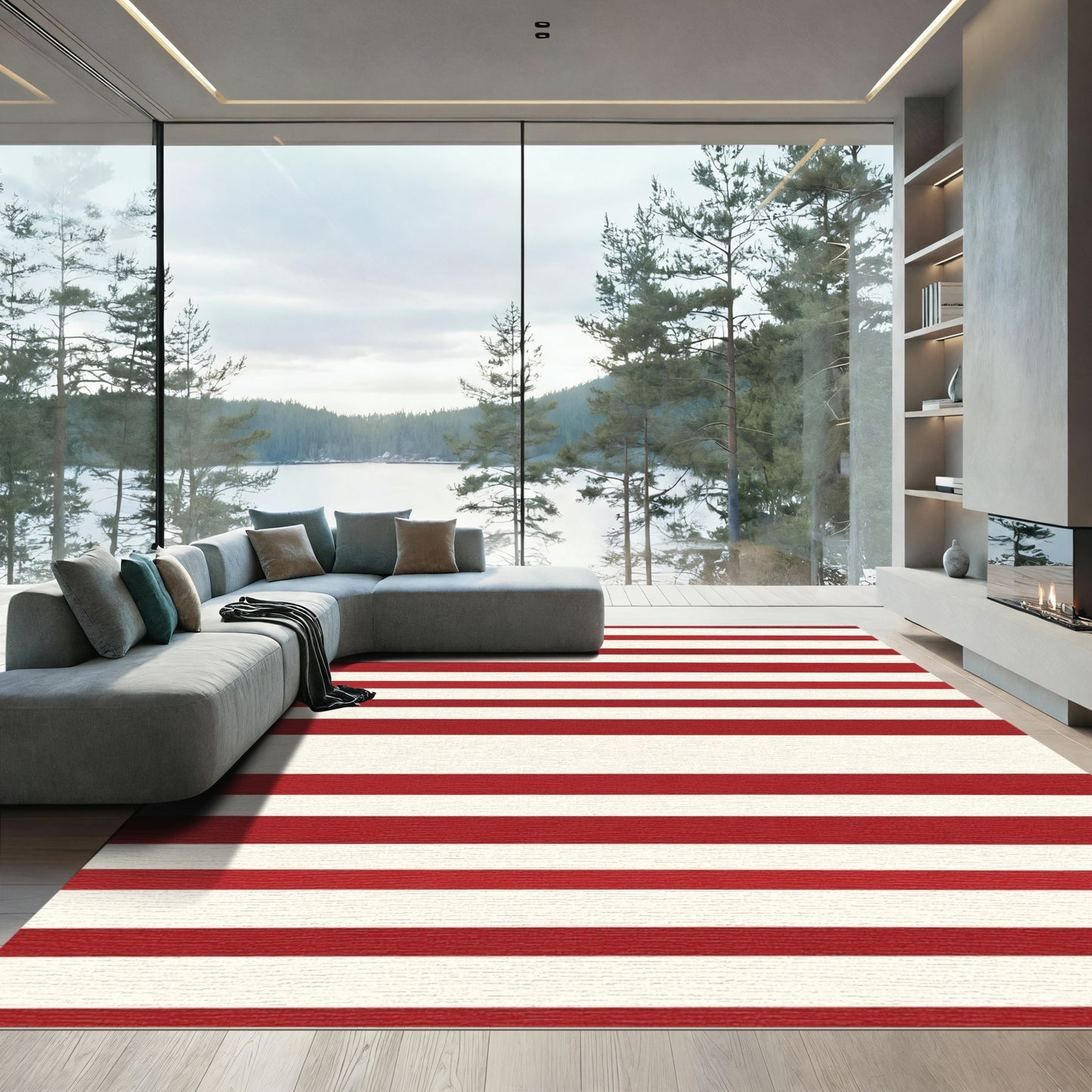 Bold Red White Horizontal Stripe Rug