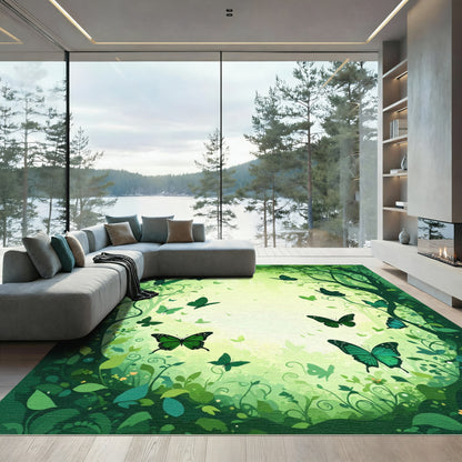 Enchanted Forest Green Butterfly Swarm Rug