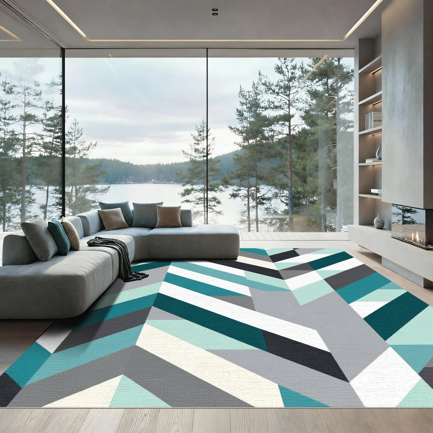 Teal Gray White Chevron Geometric Rug