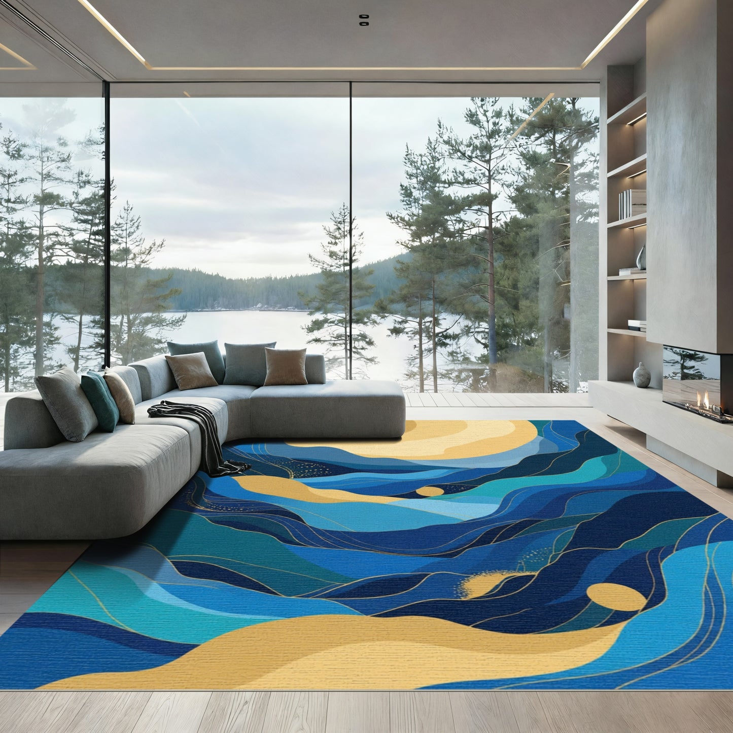 Abstract Blue Gold Wavy Landscape Rug
