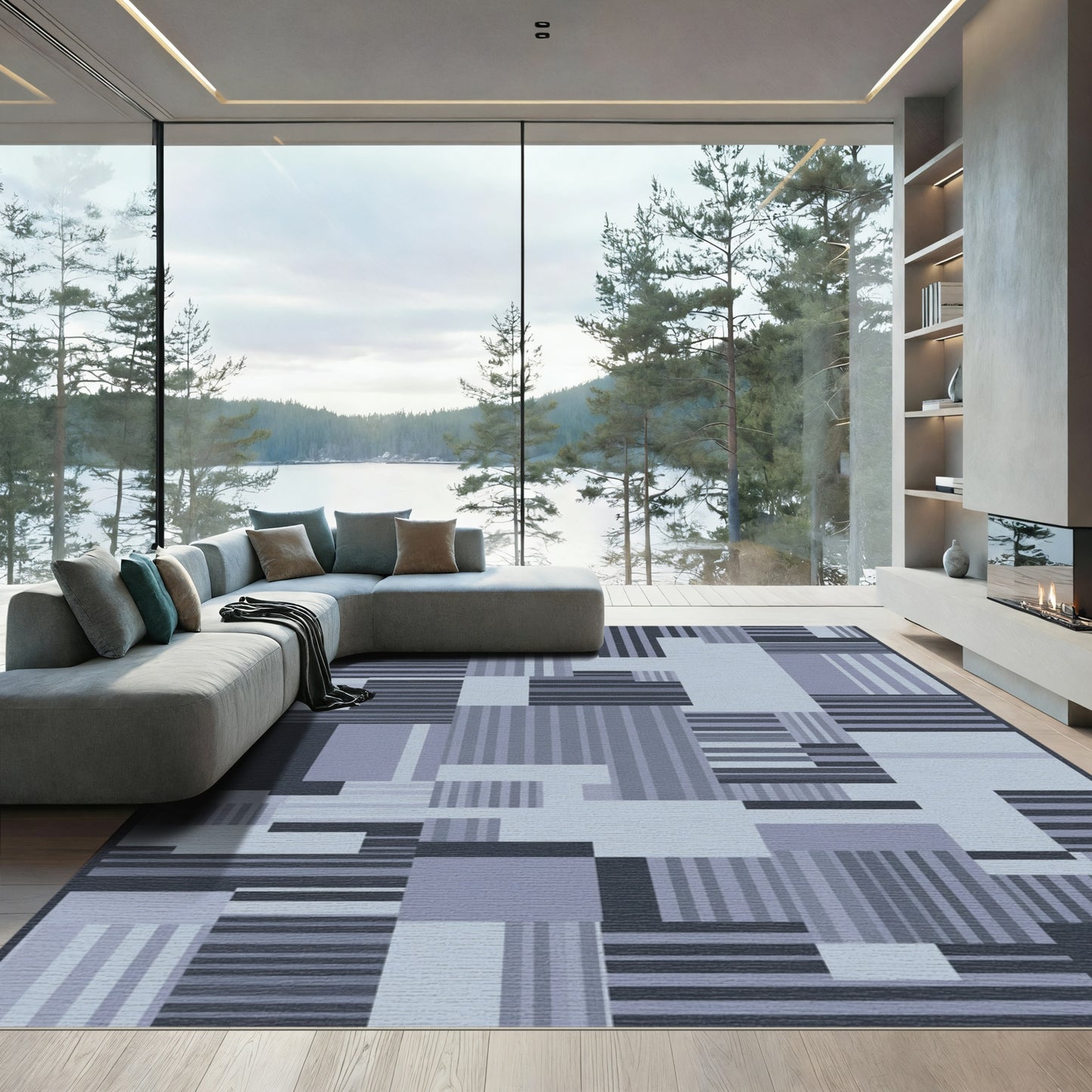 Modern Deep Blue Striped Collage Rug
