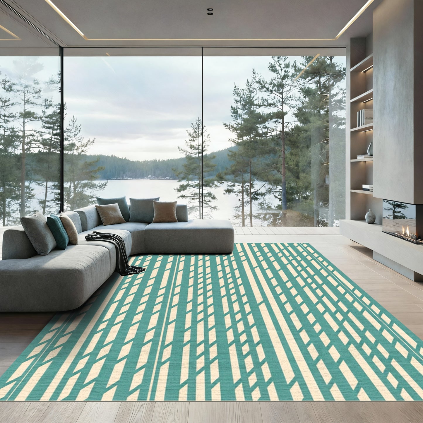 Aqua Beige Vertical Weave Rug