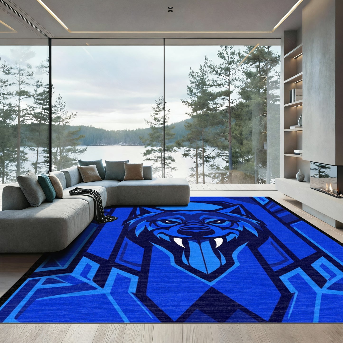 Vibrant Blue Wolf Geometric Composition Rug