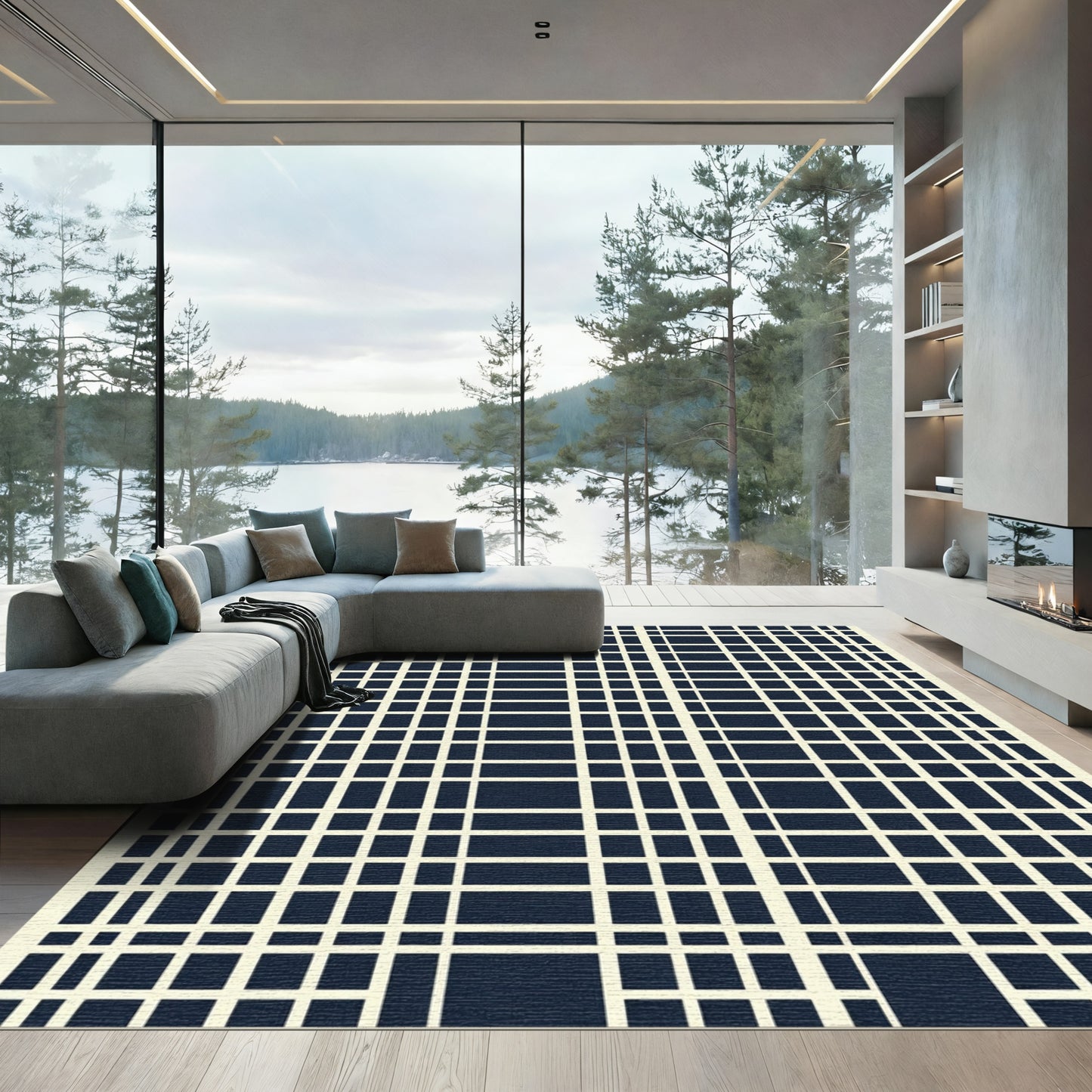Navy Cream Intersecting Grid Rug