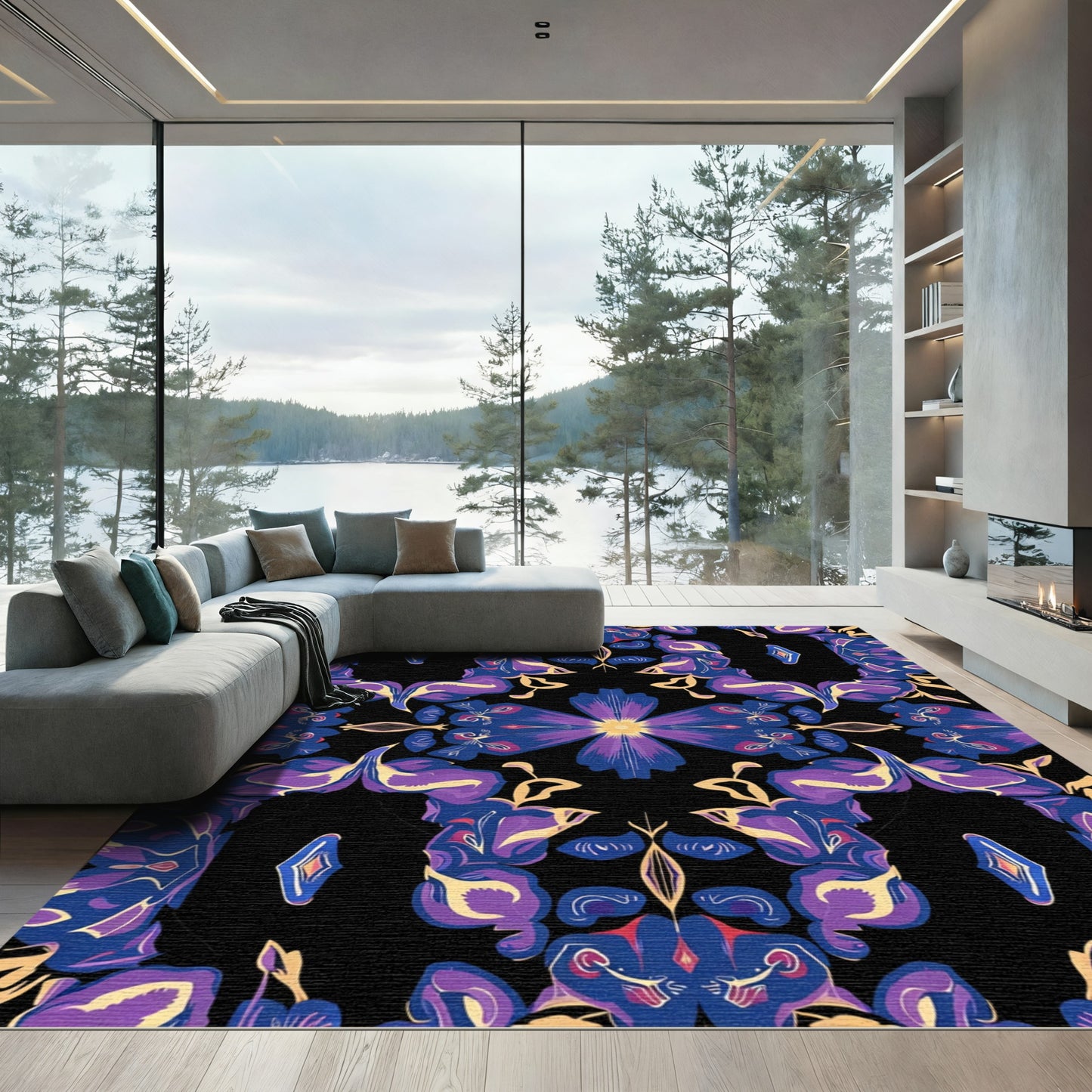 Deep Blue Purple Floral Symmetry Rug