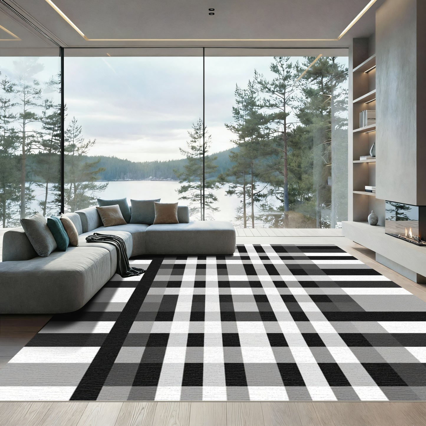 Monochromatic Plaid Checkered Grid Rug