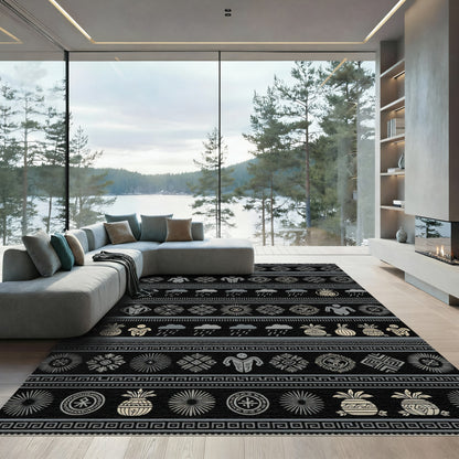 Tribal Figures Clouds Pineapple Banded Design Rug