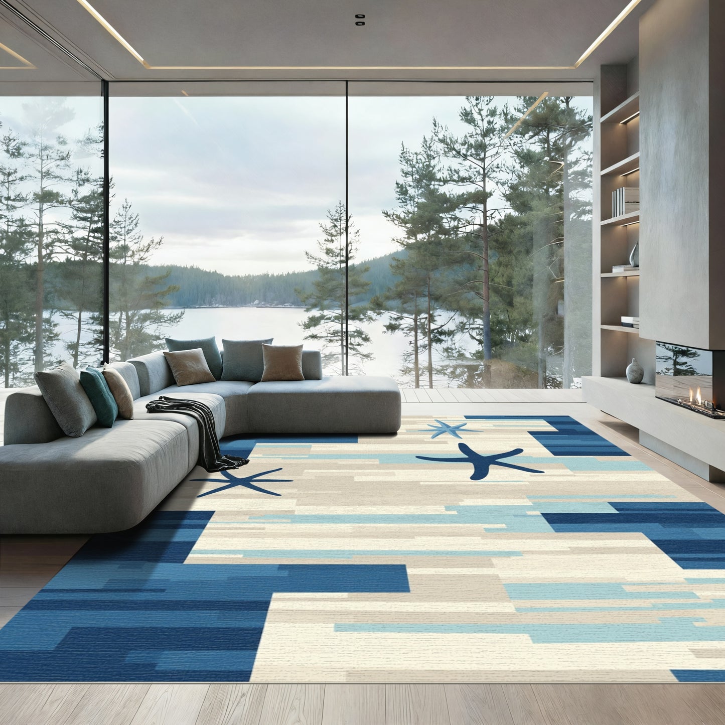 Abstract Blue Starfish Beach Stripe Rug