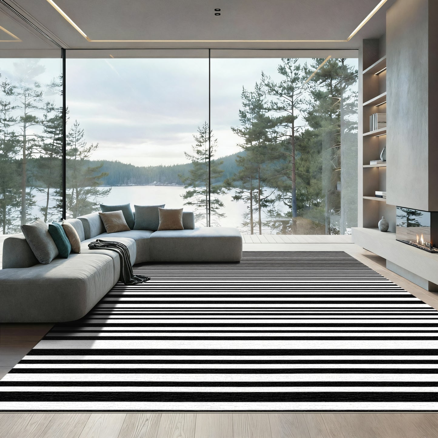 Black White Horizontal Linear Stripe Rug