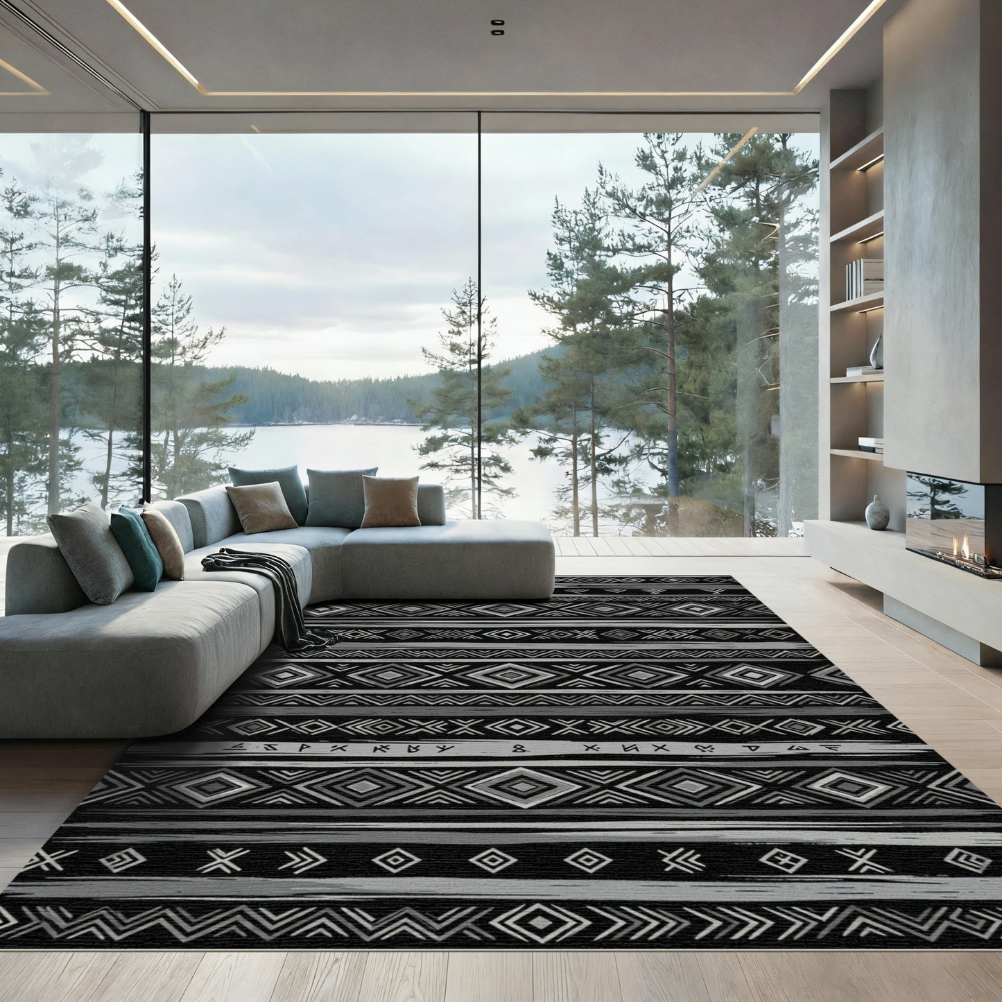 Gray Tribal Diamond Geometric Stripe Rug