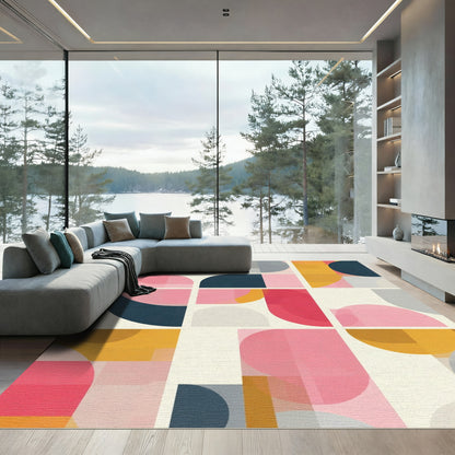 Retro Pink Yellow Geometric Circles Rug