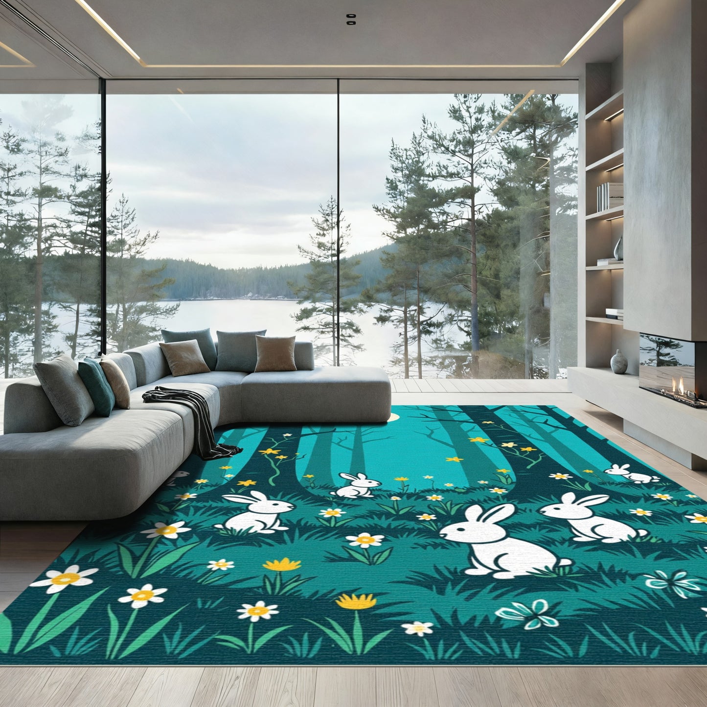 Midnight Forest Bunnies Garden Rug