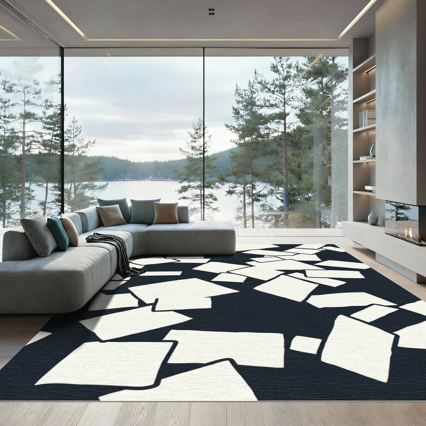 Midnight White Abstract Block Rug