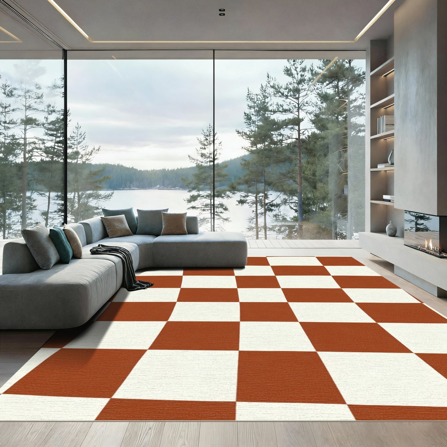 Caramel White Checkerboard Grid Rug