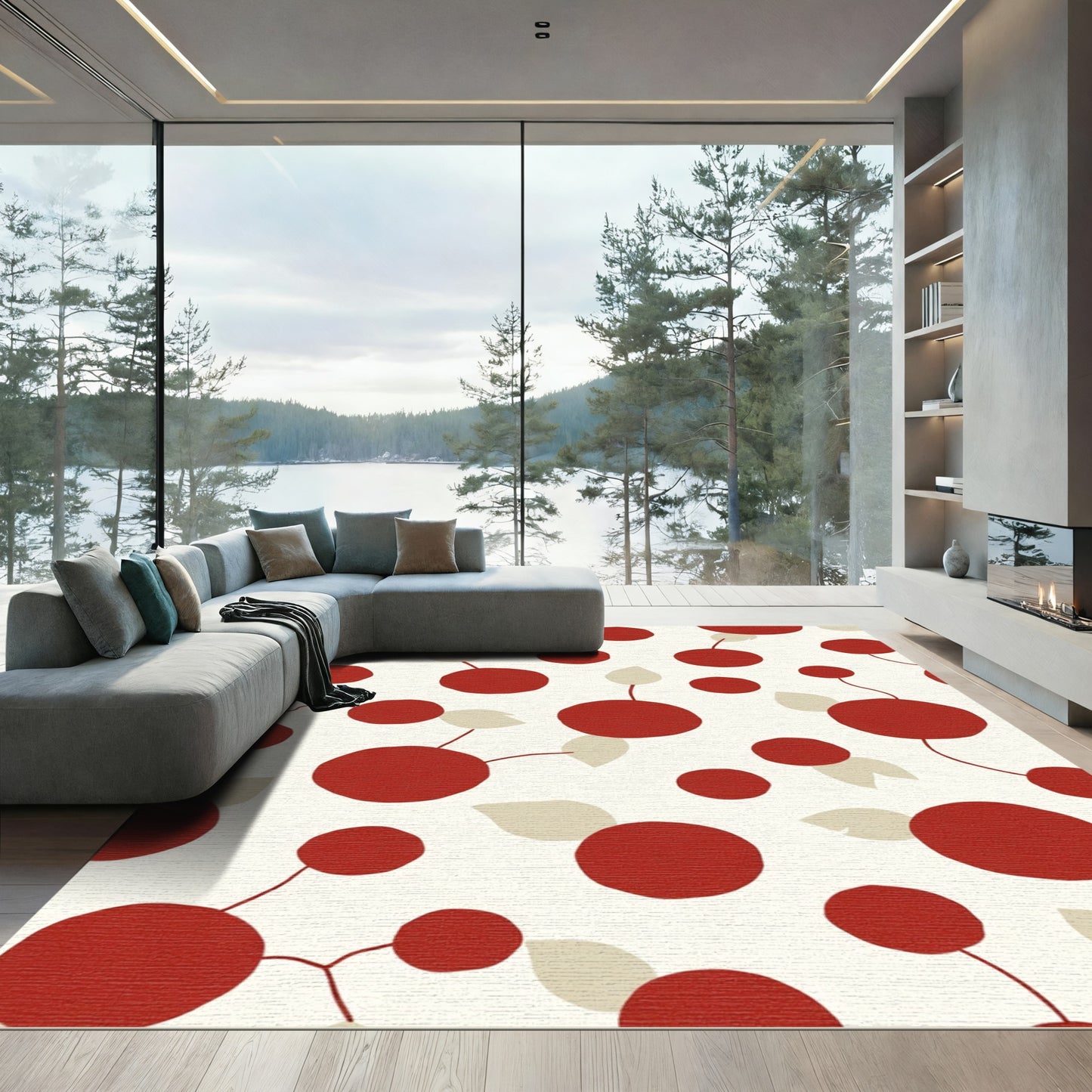 Red and Beige Circles Branching Accents Rug