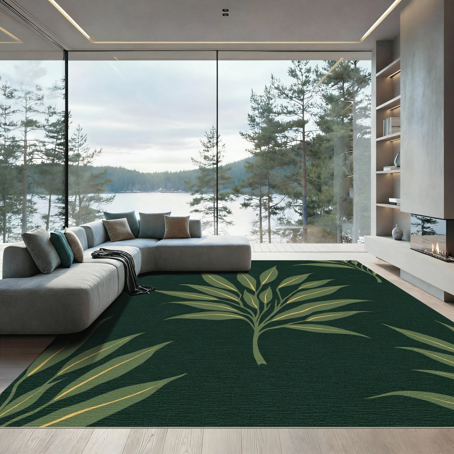 Deep Green Leafy Branch Ensemble Rug