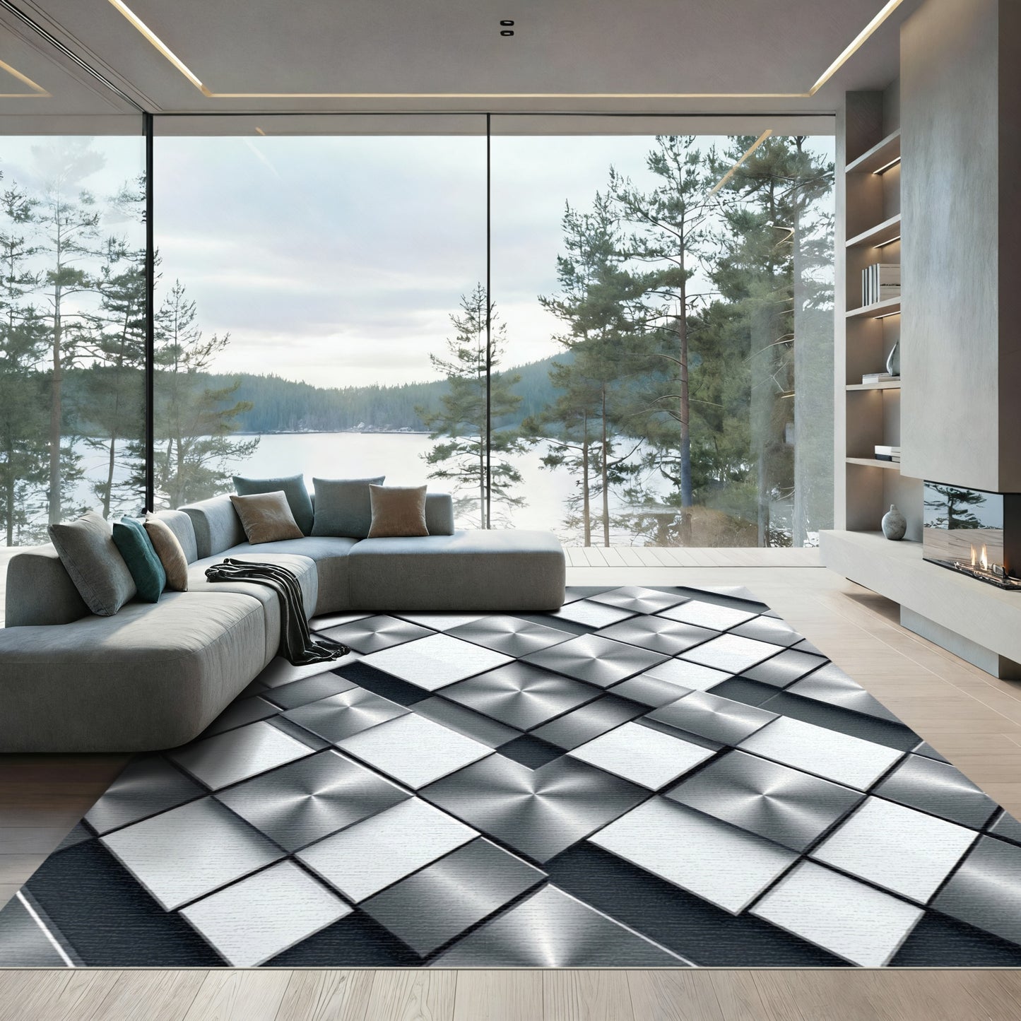 Metallic White Square Embossed Texture Rug