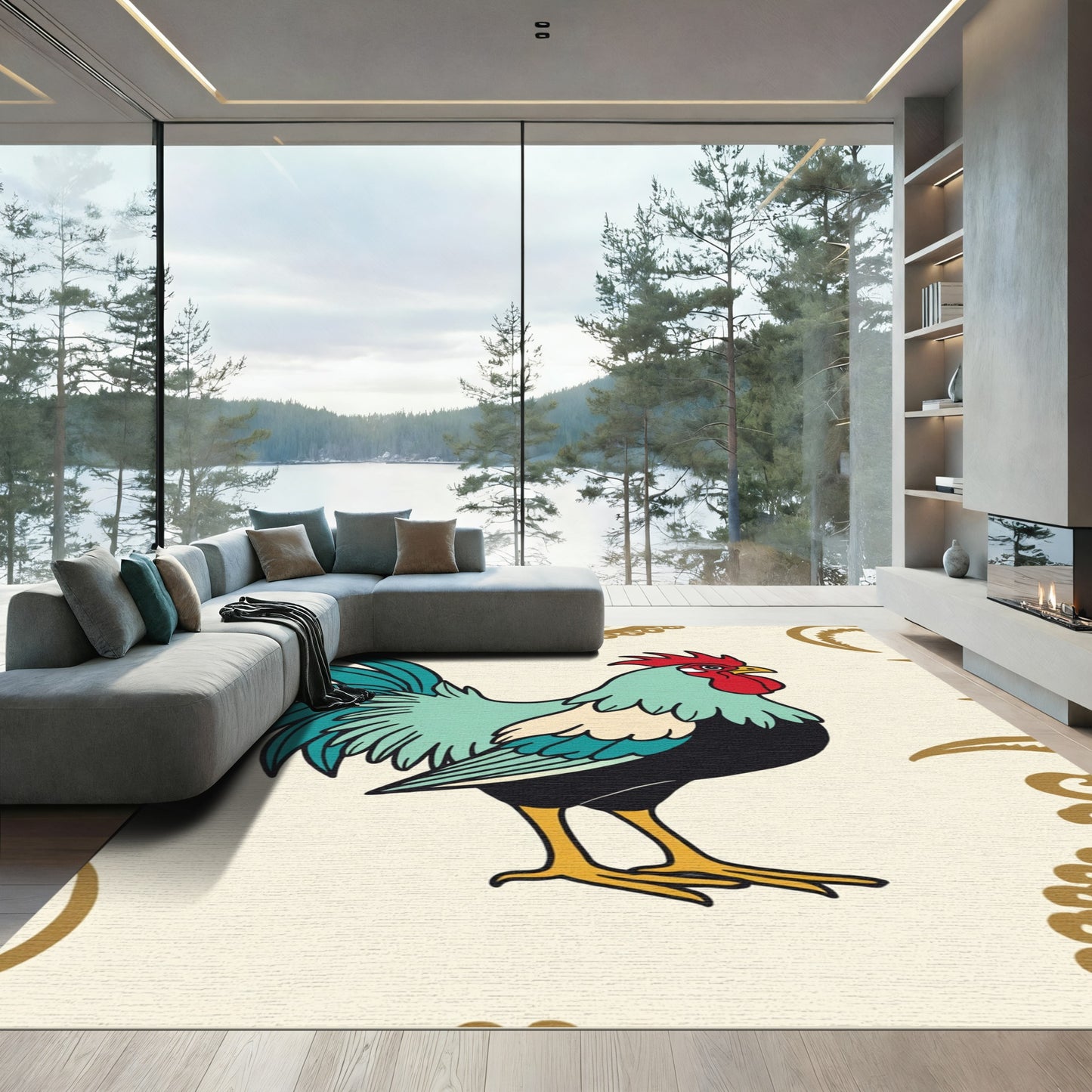 Aqua Rooster With Golden Swirls Rug