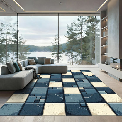 Dark Blue Beige Stained Glass Squares Rug
