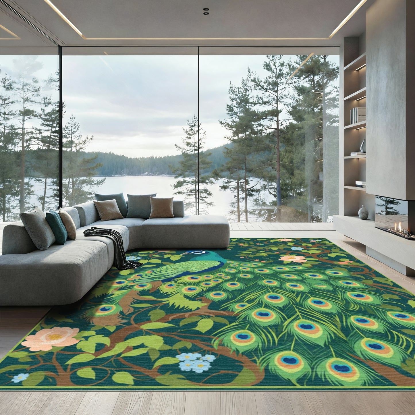 Emerald Peacock Floral Branches Rug