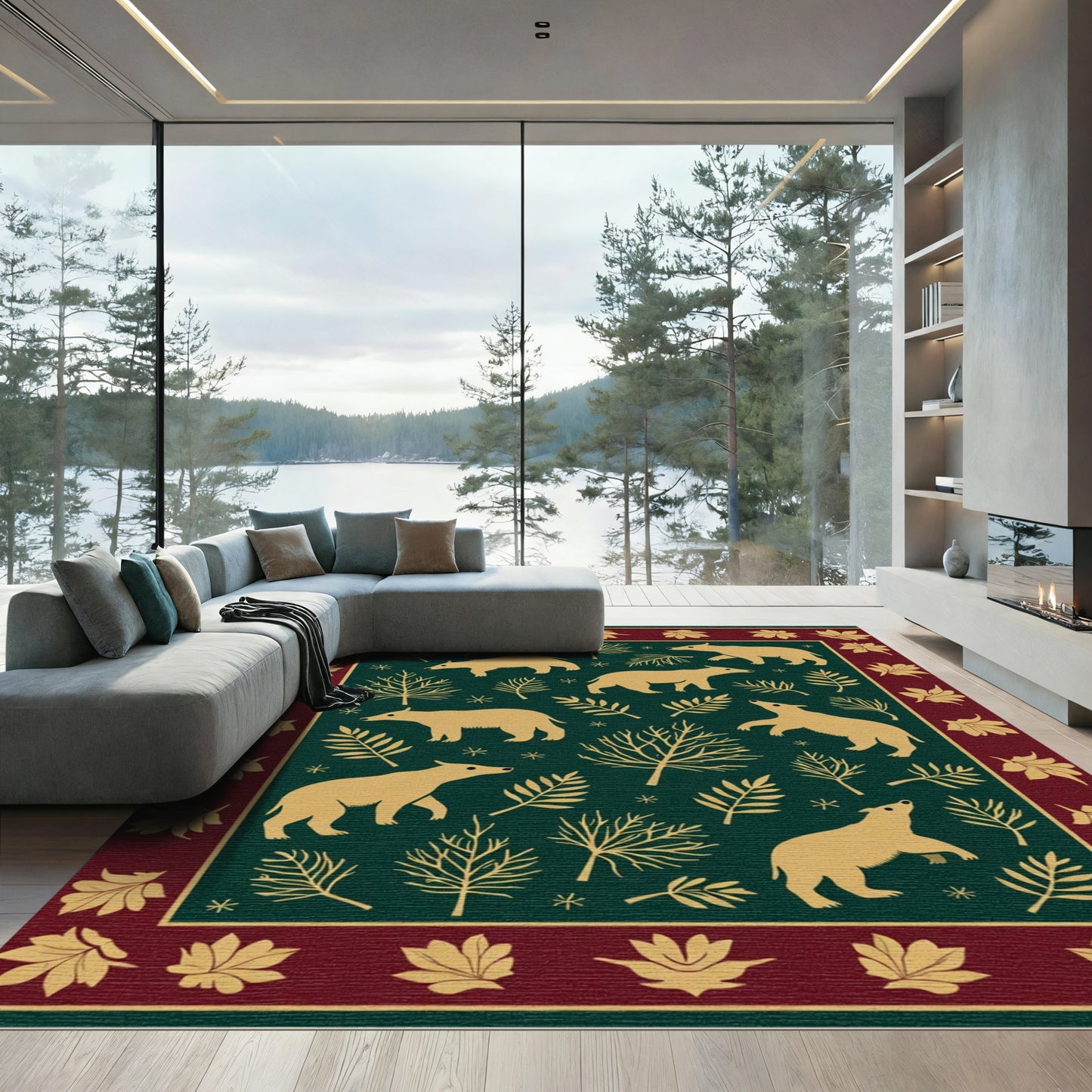 Golden Bear Deep Forest Foliage Border Rug