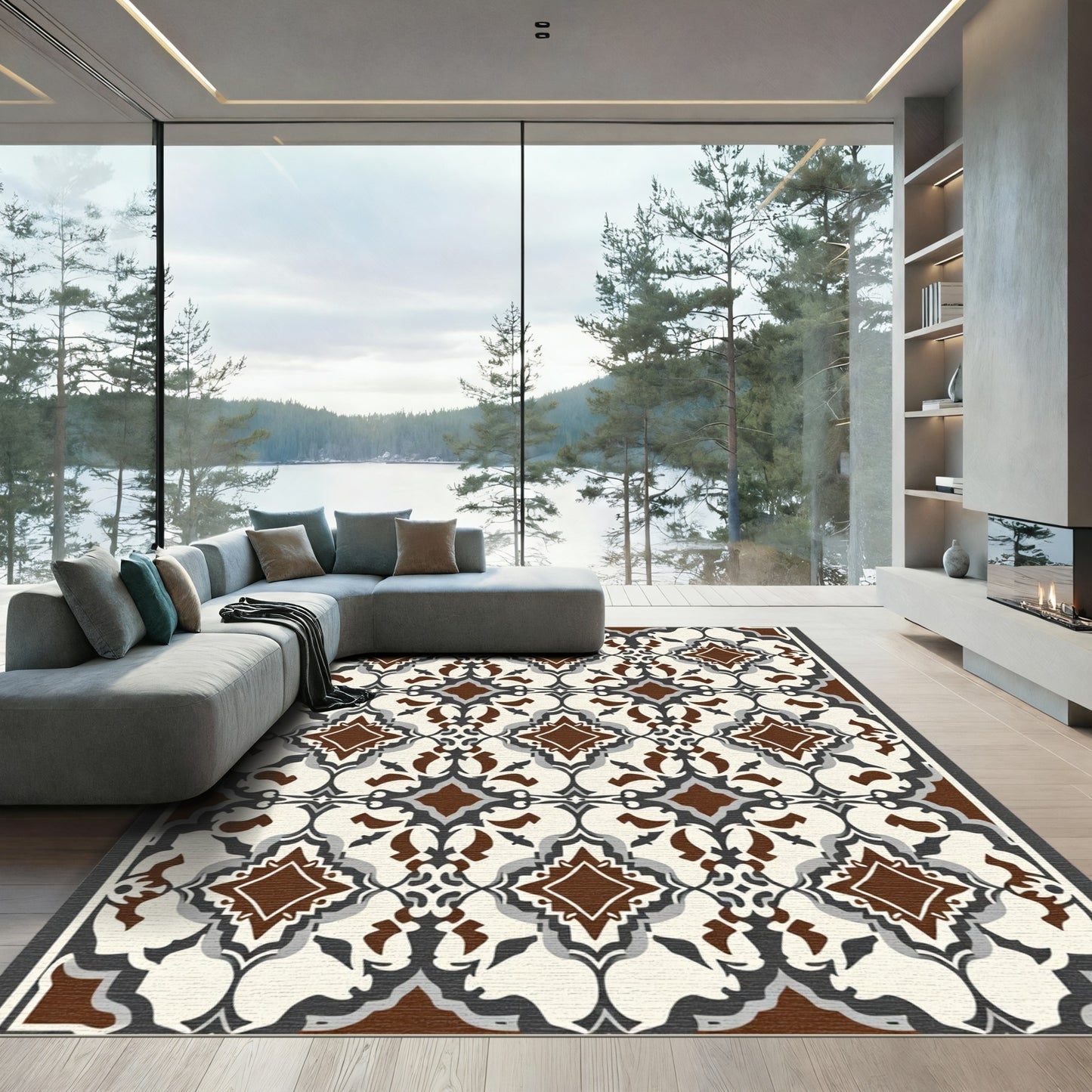 Brown White Gray Arabesque Floral Rug