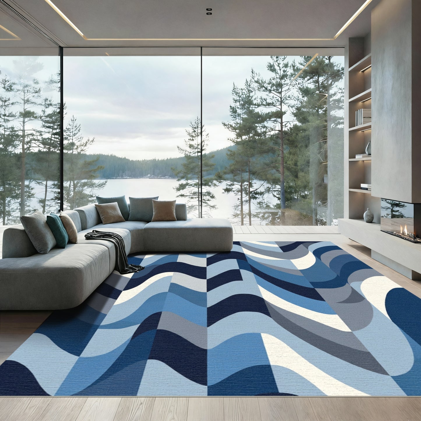 Blue Gradient Wavy Stripe Rug
