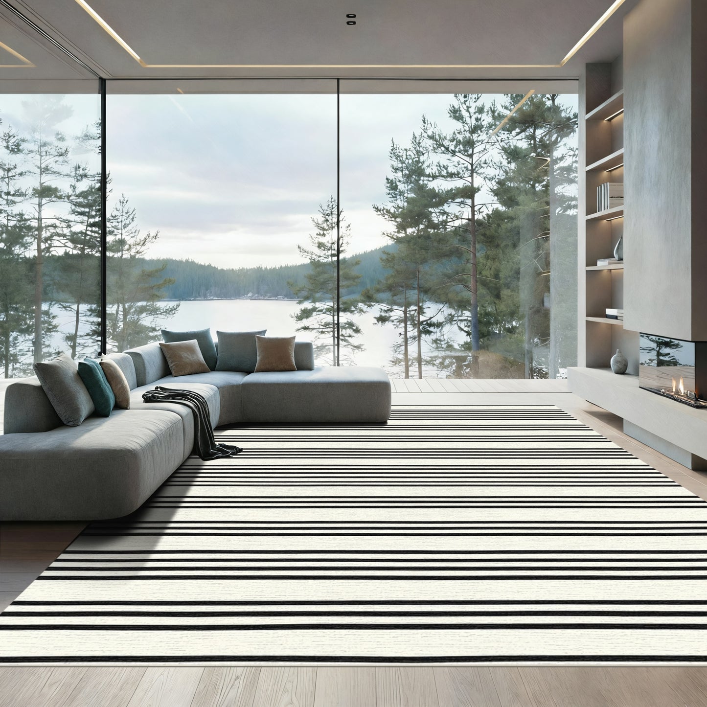Modern Black Cream Striped Rug