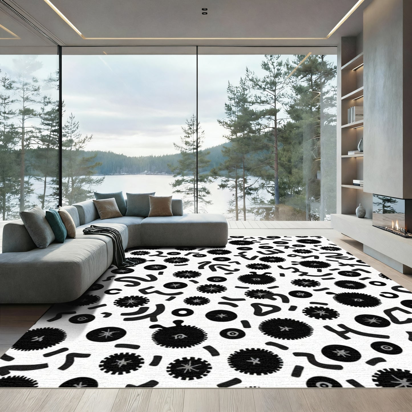 Black Abstract Starburst Swirl Rug