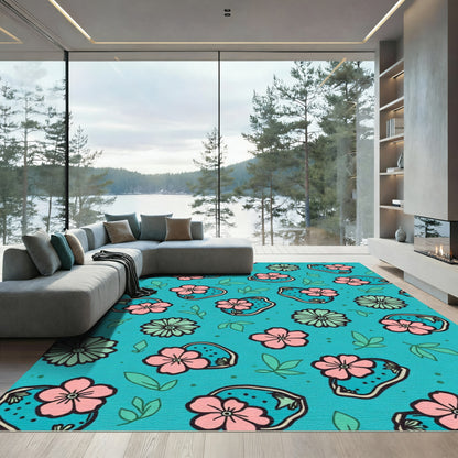 Teal Pink Bloom Leaf Scatter Rug
