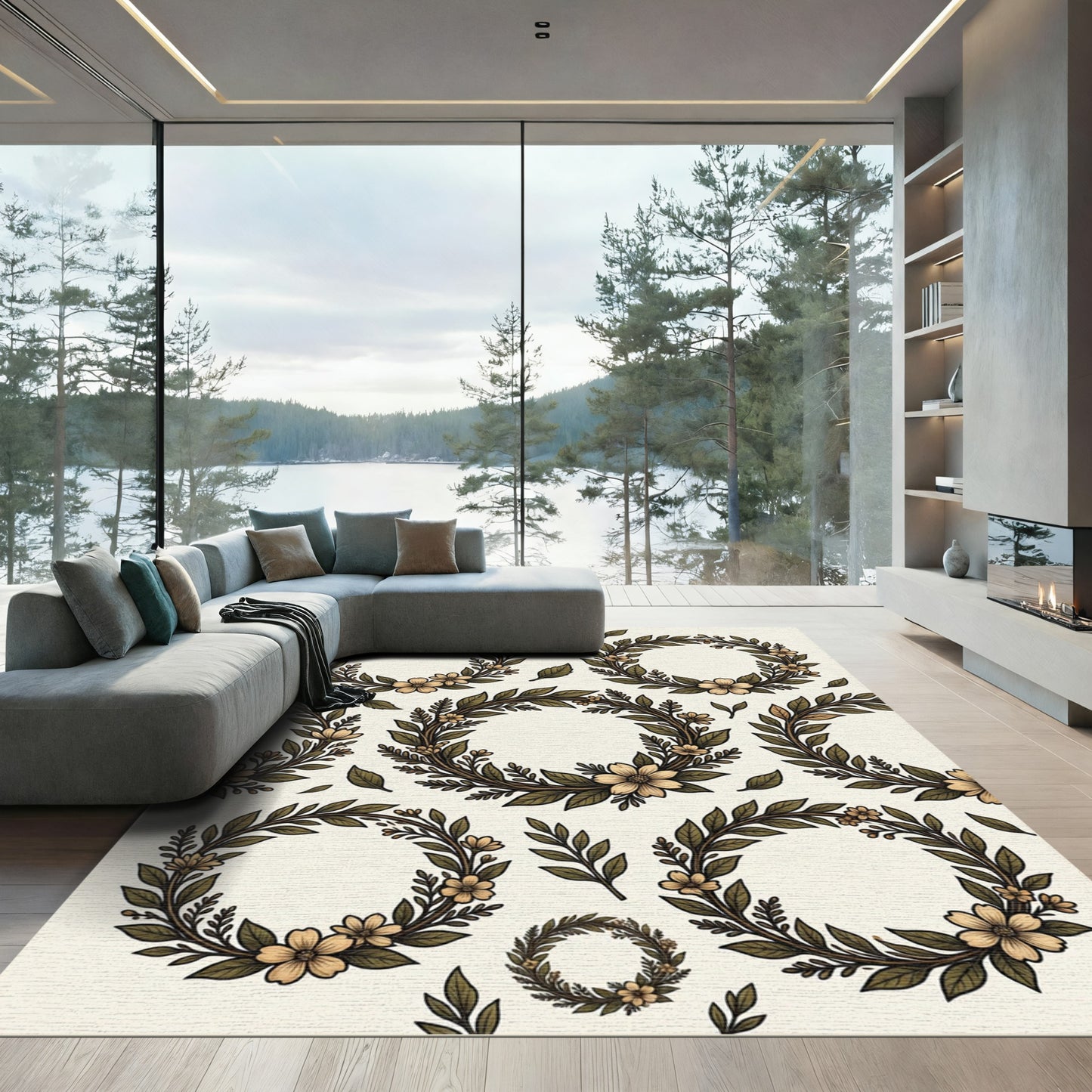 Ornate Olive Floral Wreath Arrangement Rug