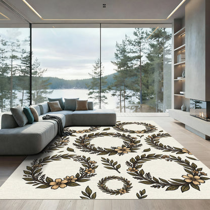 Ornate Olive Floral Wreath Arrangement Rug