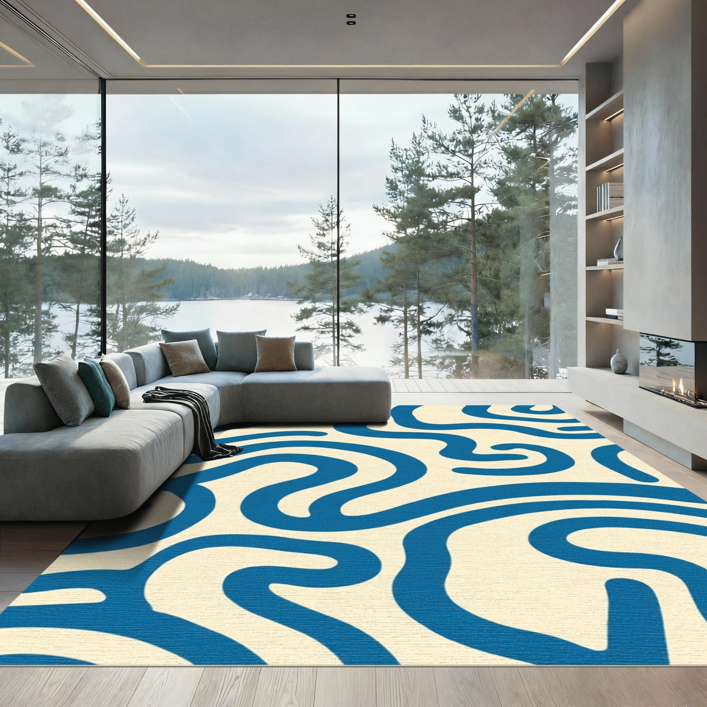 Deep Blue Wavy Organic Abstract Rug