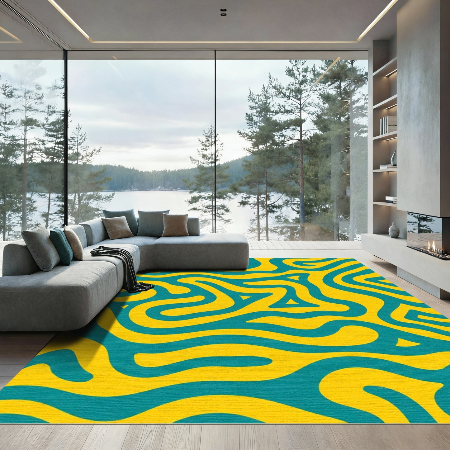 Teal Swirl Yellow Abstract Waves Rug