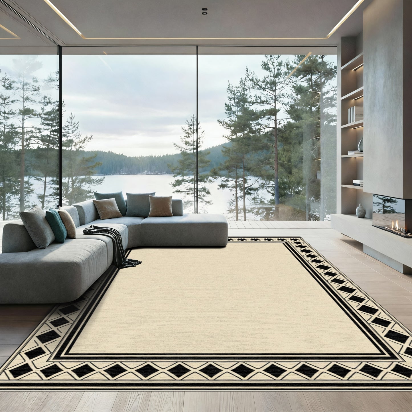 Black Diamond Border Geometric Cream Rug