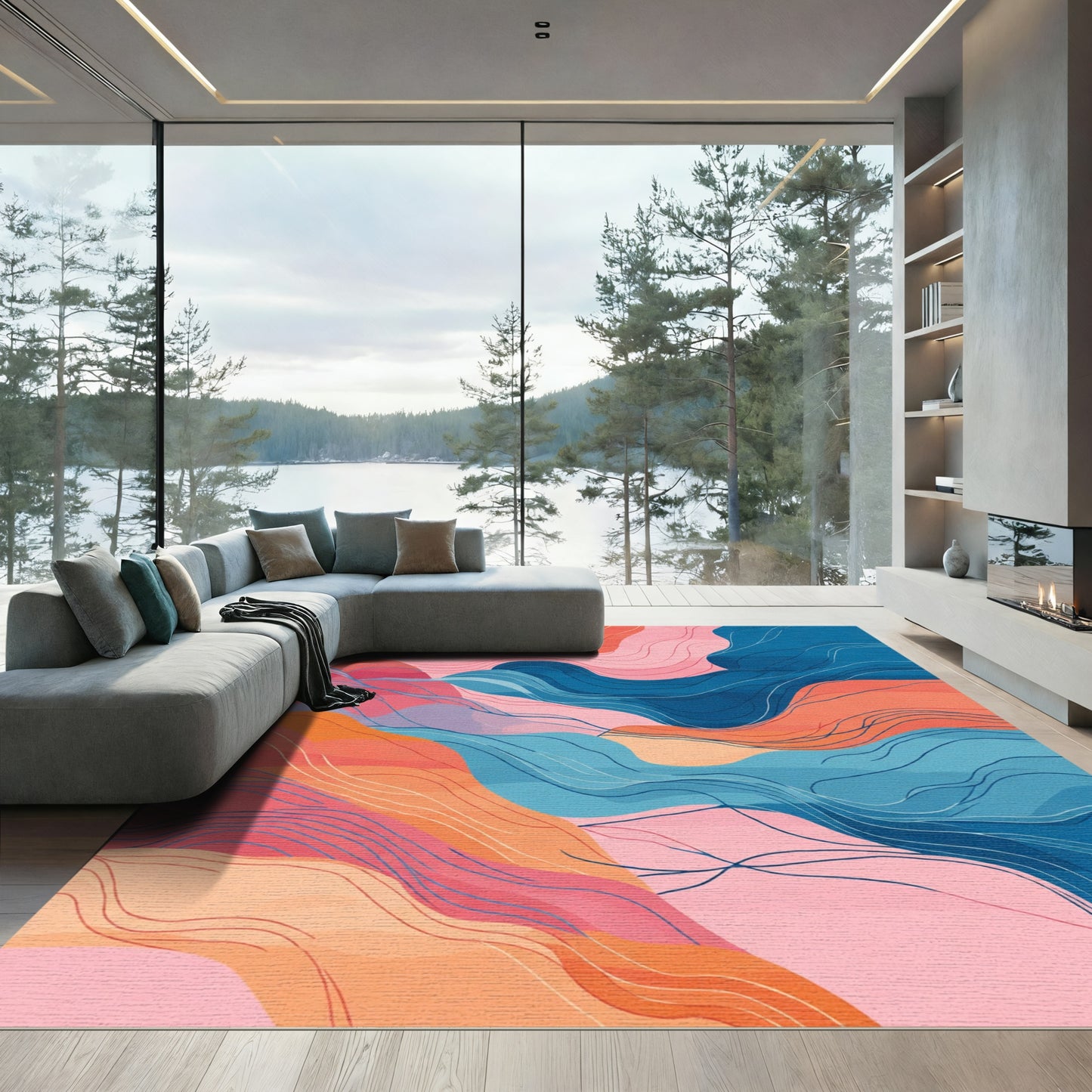 Coral Blue Pink Wavy Abstract Rug