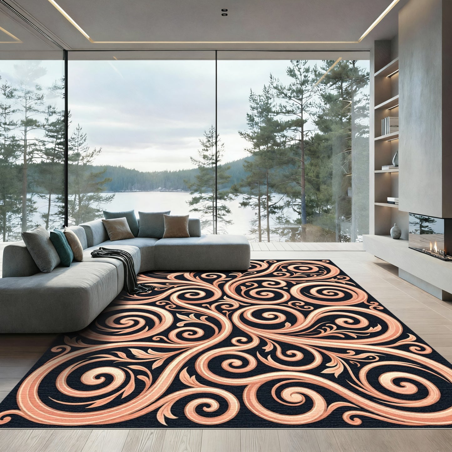 Rose Gold Scrollwork Flourish Swirls Rug