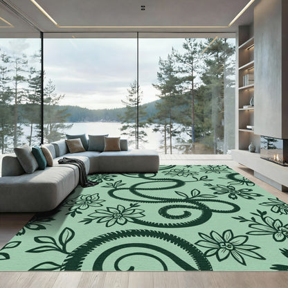 Dark Green Floral Scrollwork Mint Rug