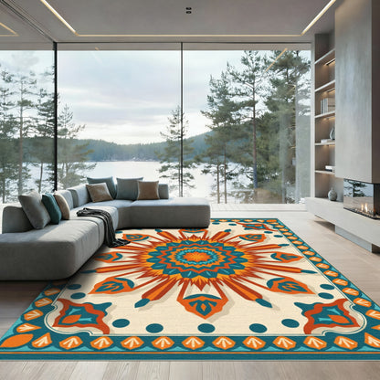 Vibrant Orange Teal Sunburst Medallion Rug