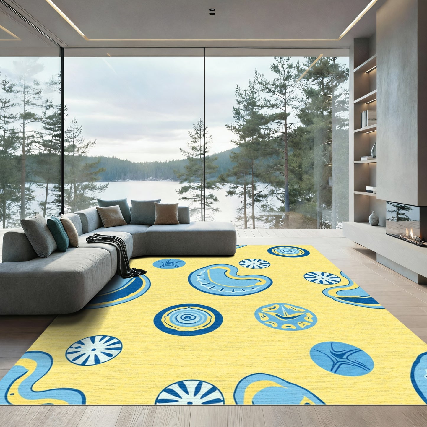Lemony Yellow Abstract Blue Forms Rug